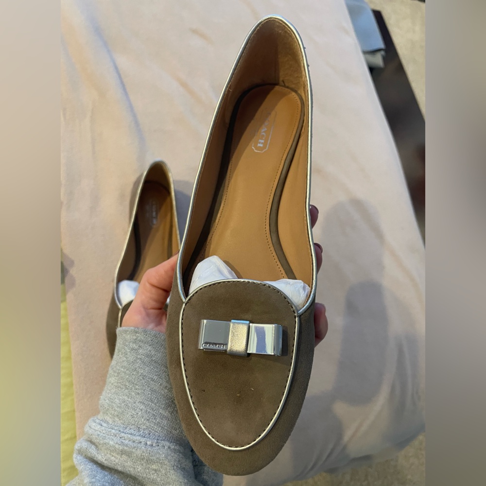 Coach grey suede loafer with silver trim